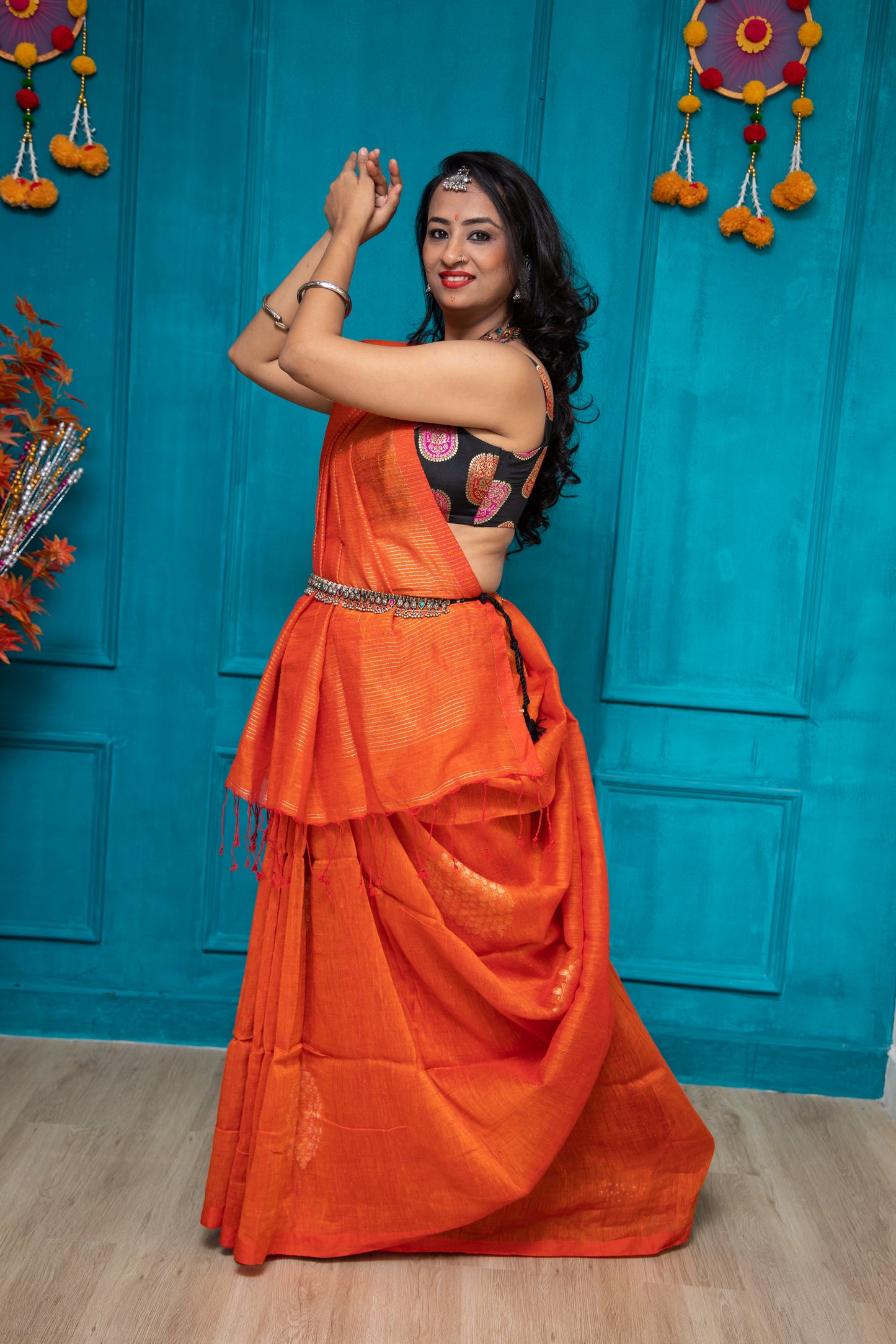 Orange Linen Thokafull Saree
