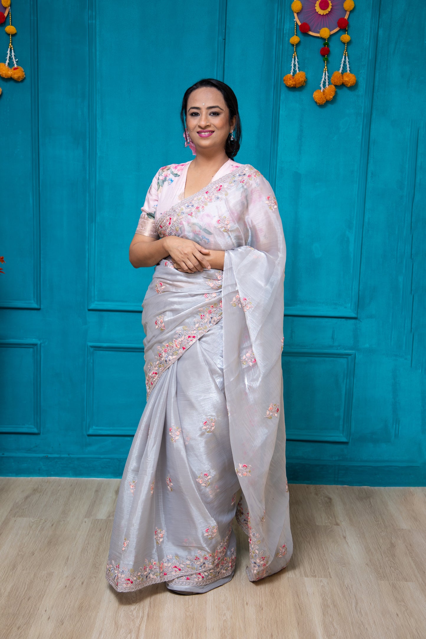Grey English Rose Saree