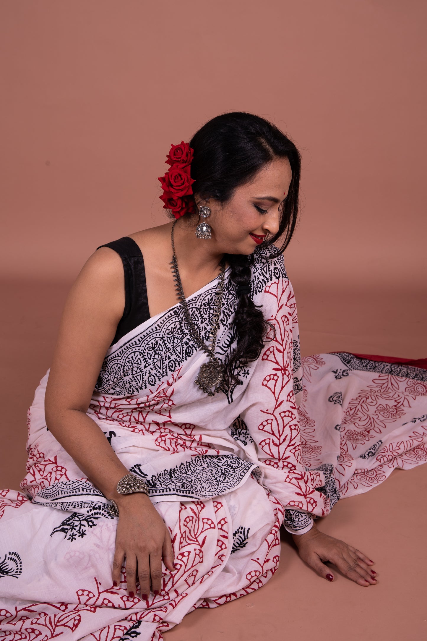 White handblocked-print saree
