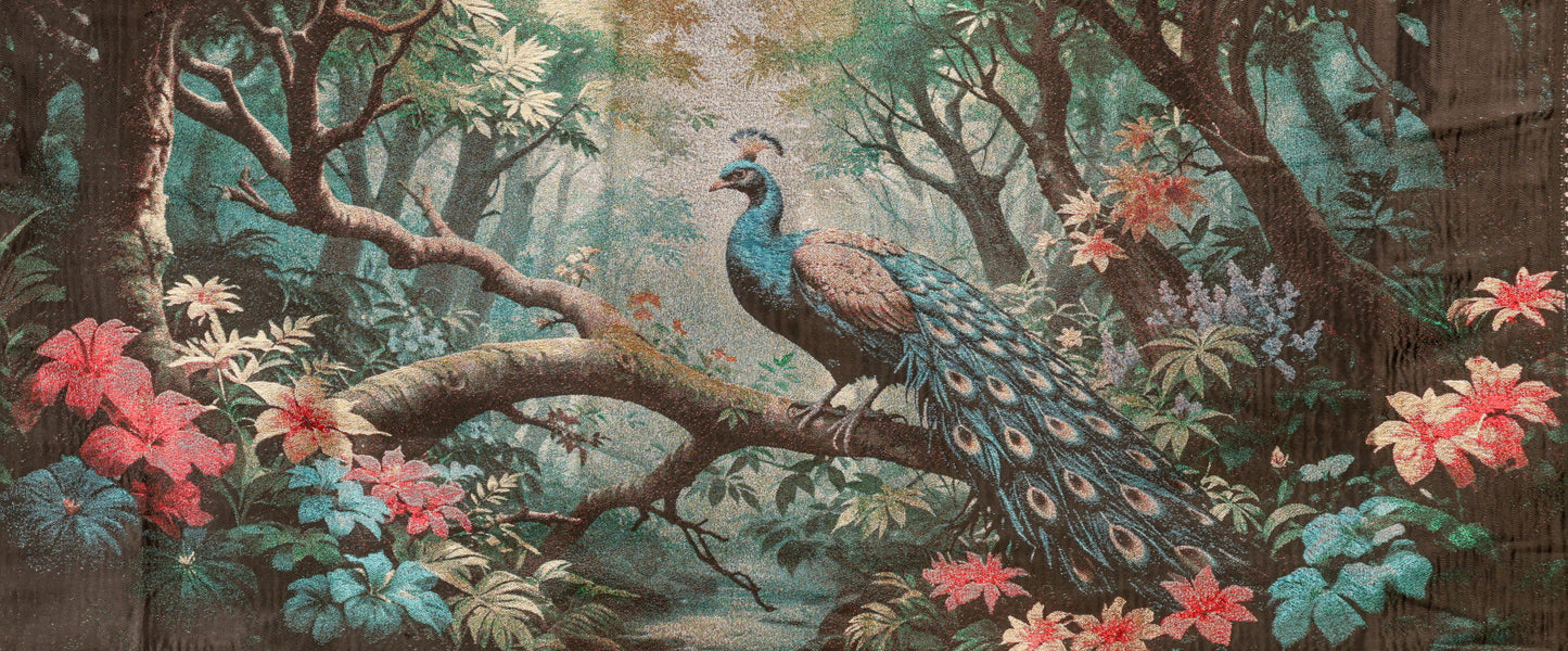 Tapestry with a peacock and floral design on a checkered background