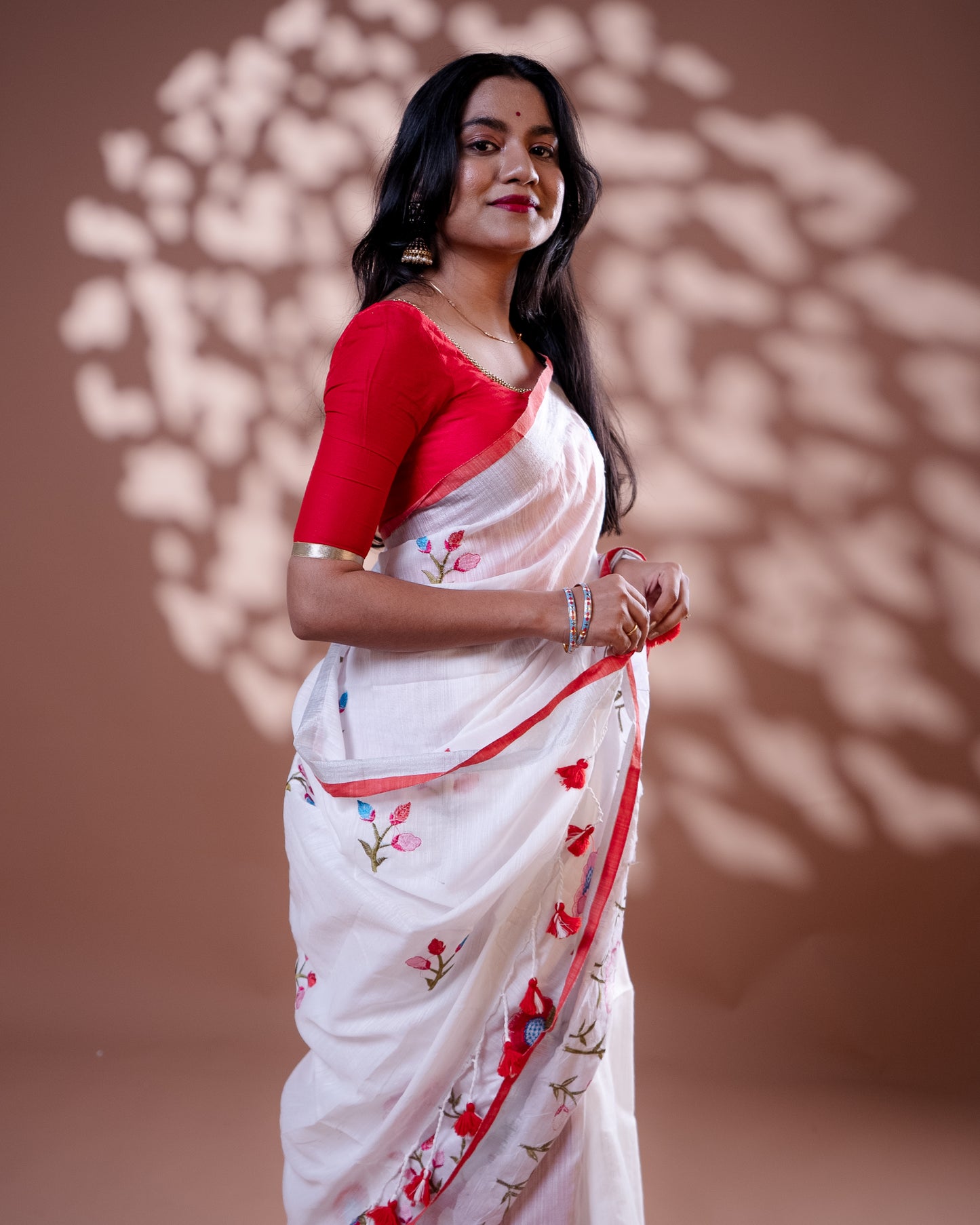 White with Red border Handloom Cotton Silk Saree