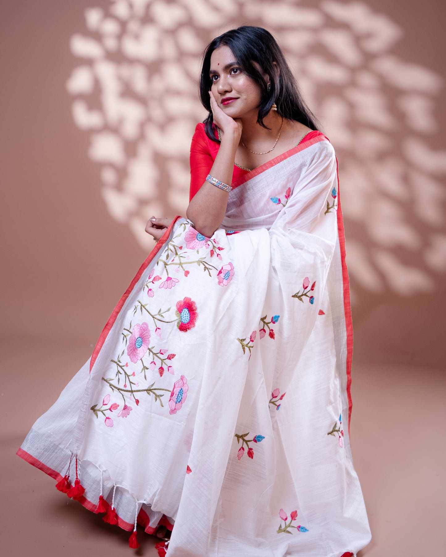 White with Red border Handloom Cotton Silk Saree