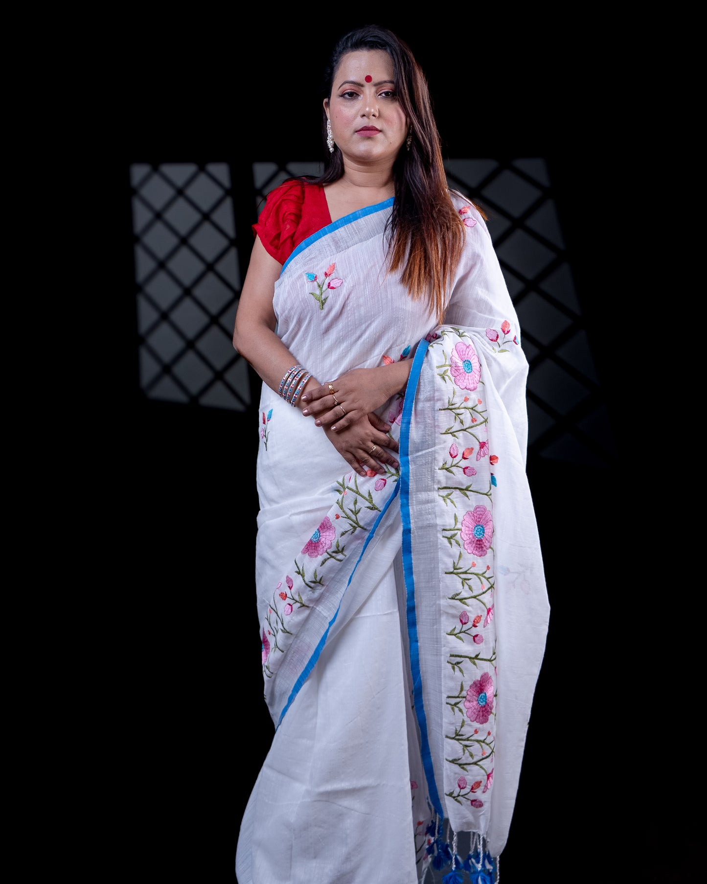 White with blue border Handloom Cotton Silk Saree