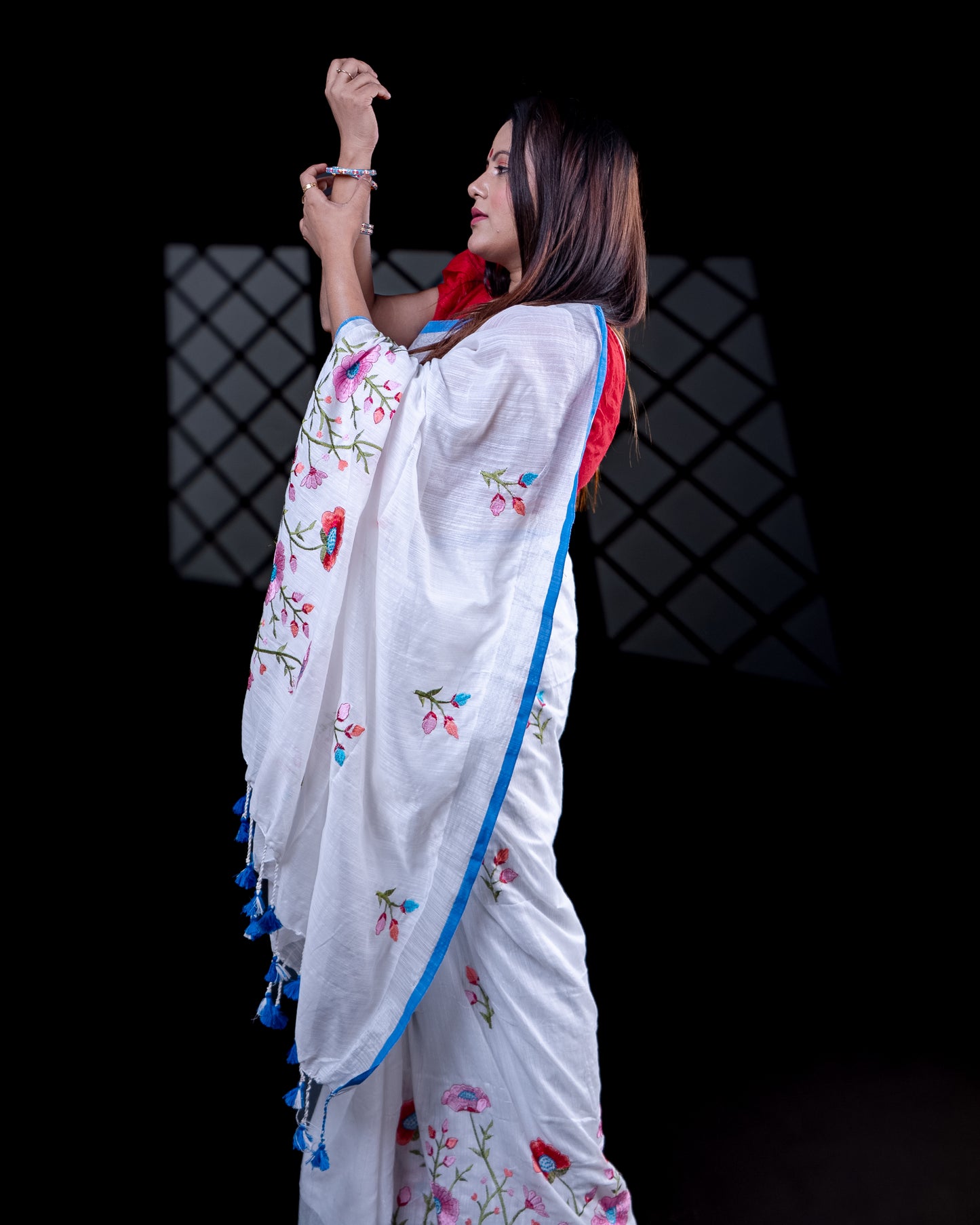 White with blue border Handloom Cotton Silk Saree