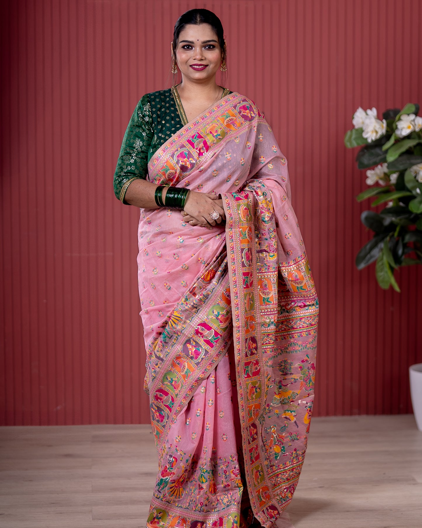 Baby Pink Pashmeena Cotton Silk Weaving Saree