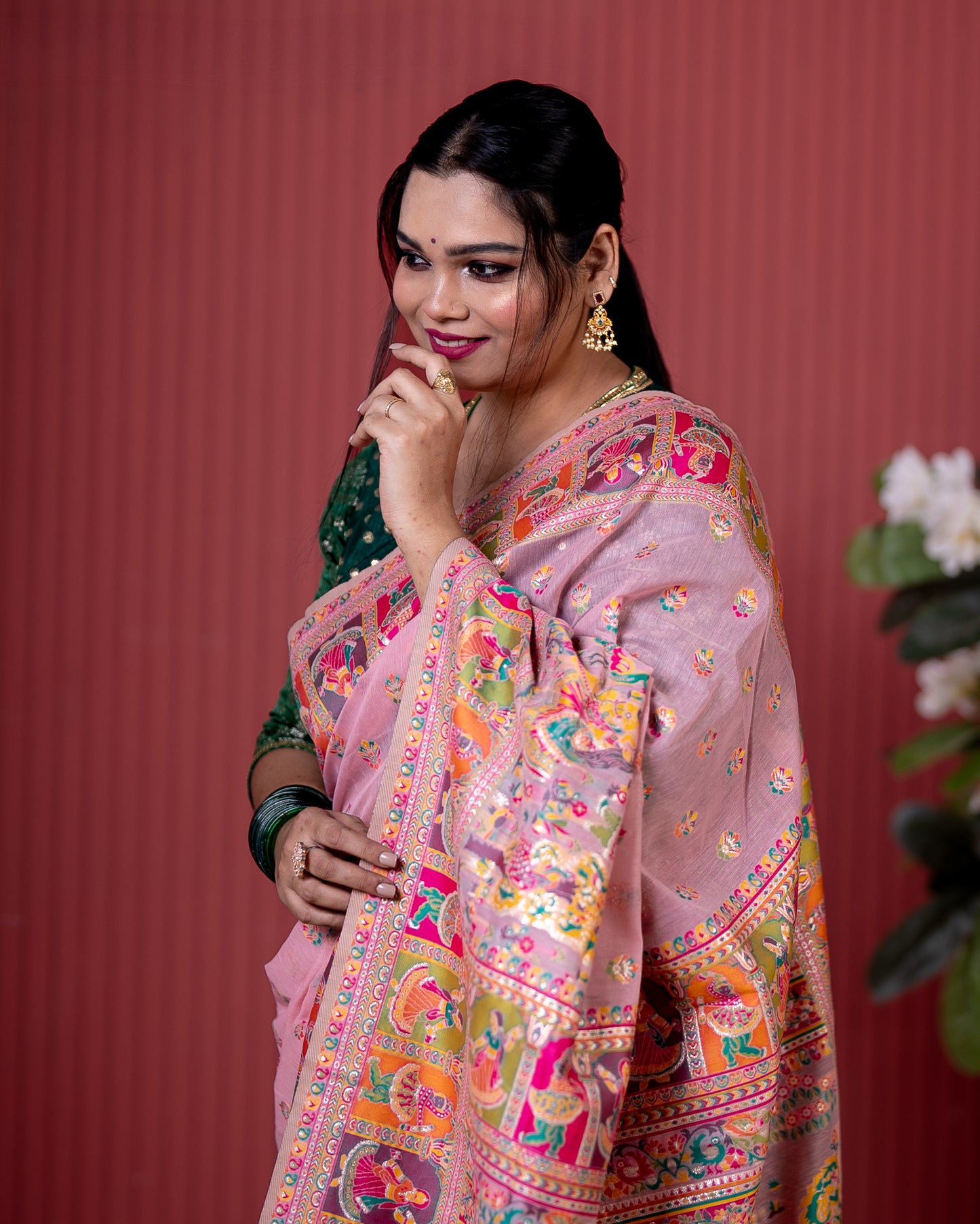 Baby Pink Pashmeena Cotton Silk Weaving Saree