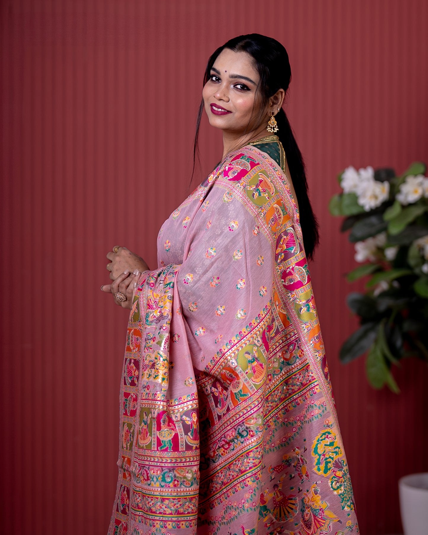 Baby Pink Pashmeena Cotton Silk Weaving Saree