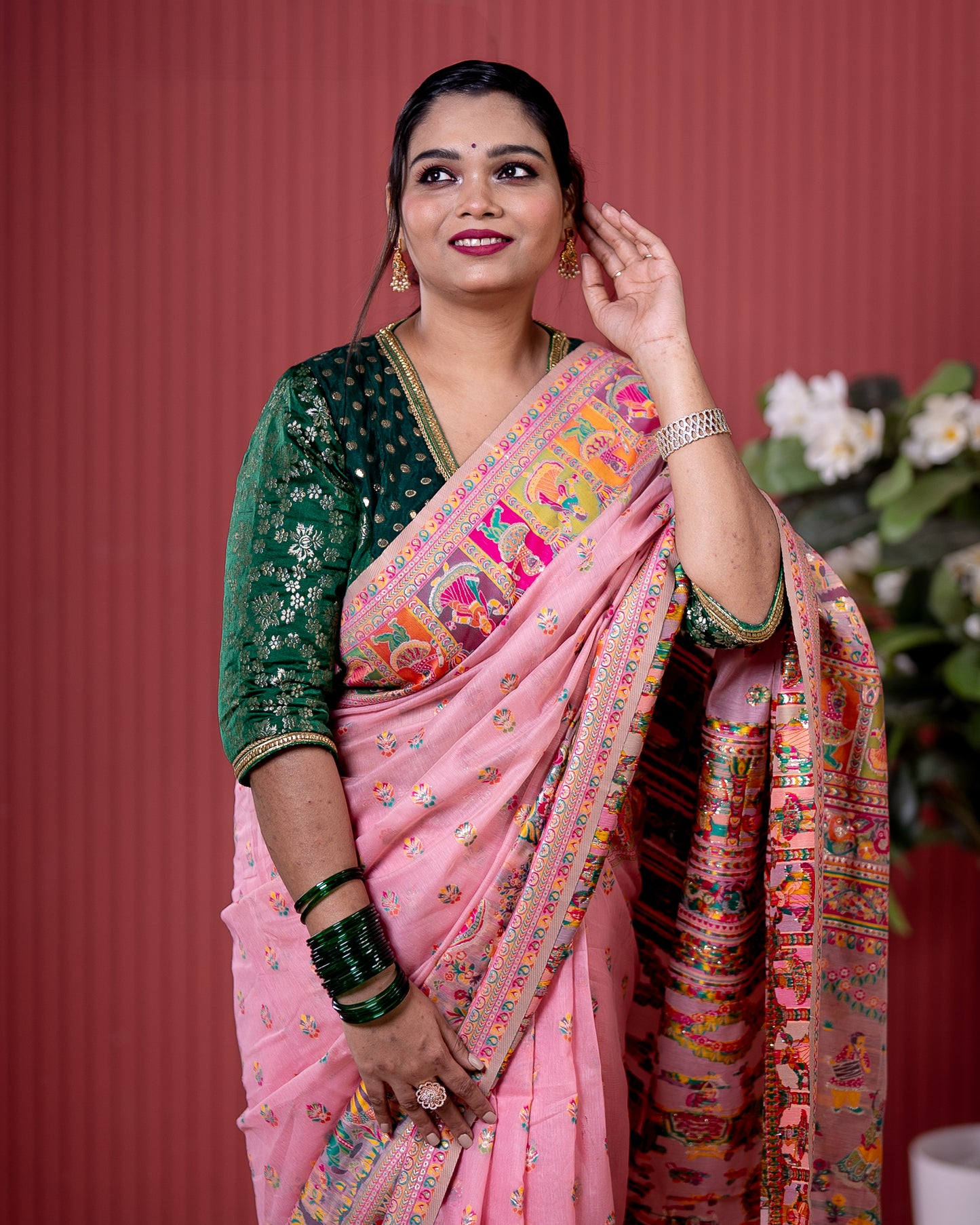 Baby Pink Pashmeena Cotton Silk Weaving Saree