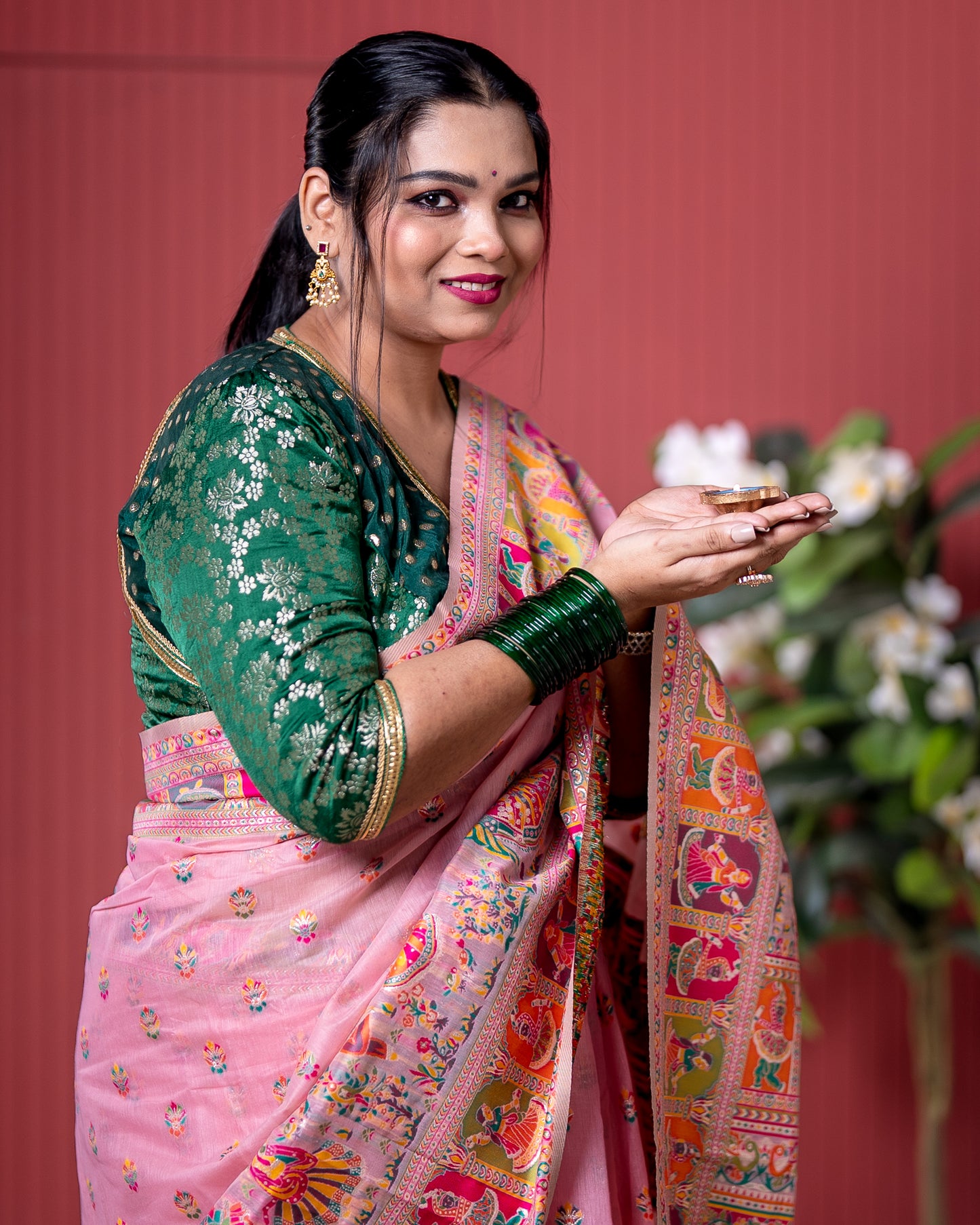 Baby Pink Pashmeena Cotton Silk Weaving Saree