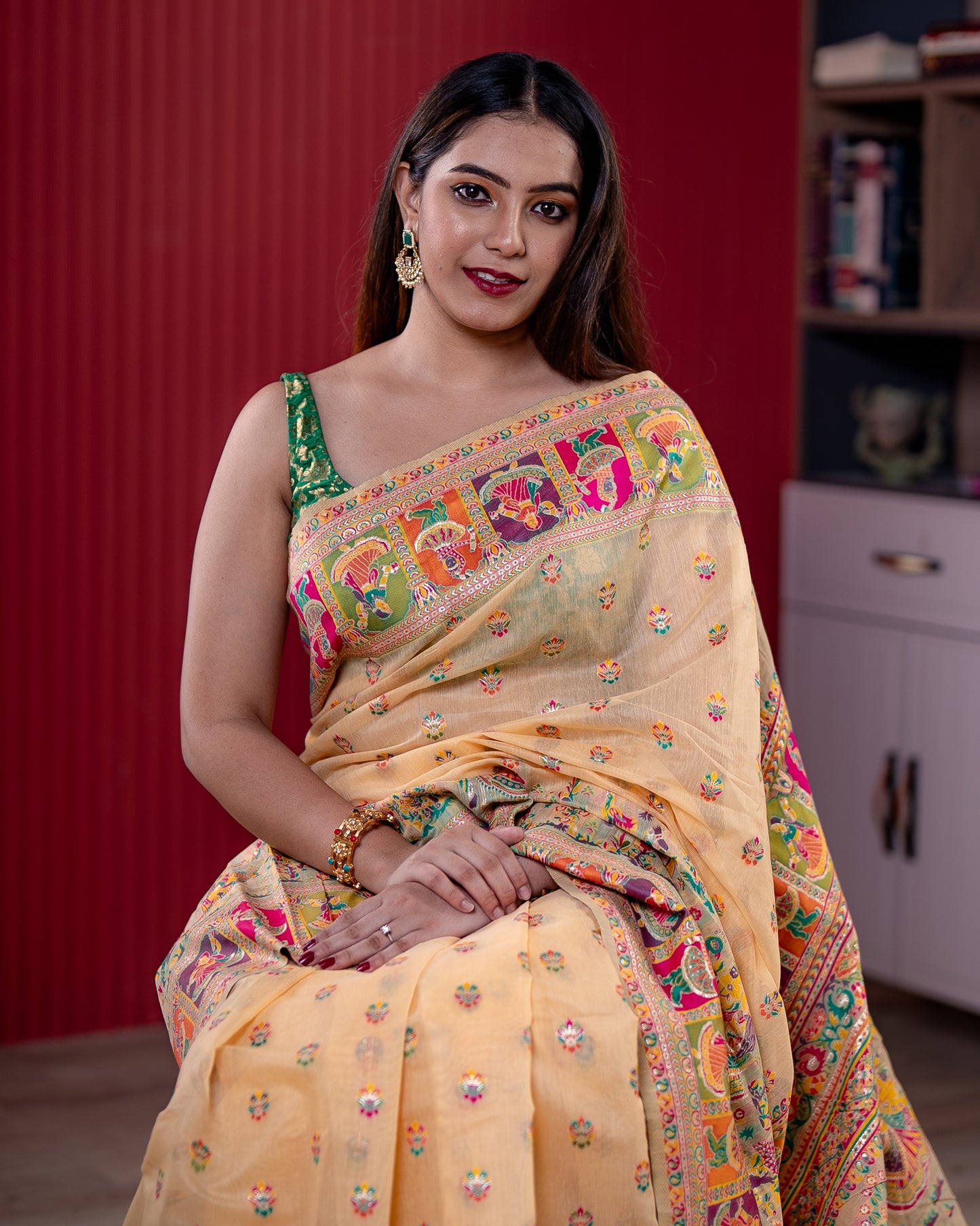 Light Peach Pashmeena Cotton Silk Weaving Saree