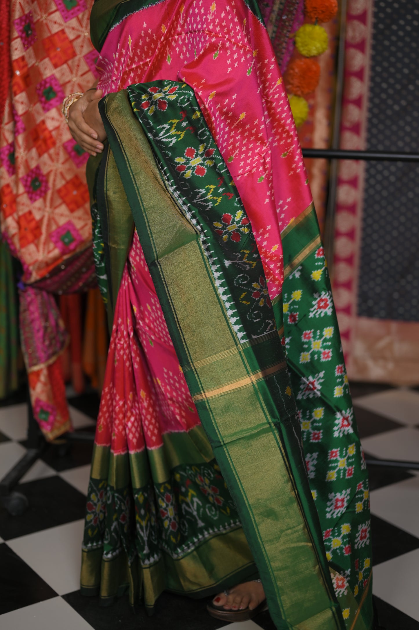 Pink body with Green border saree