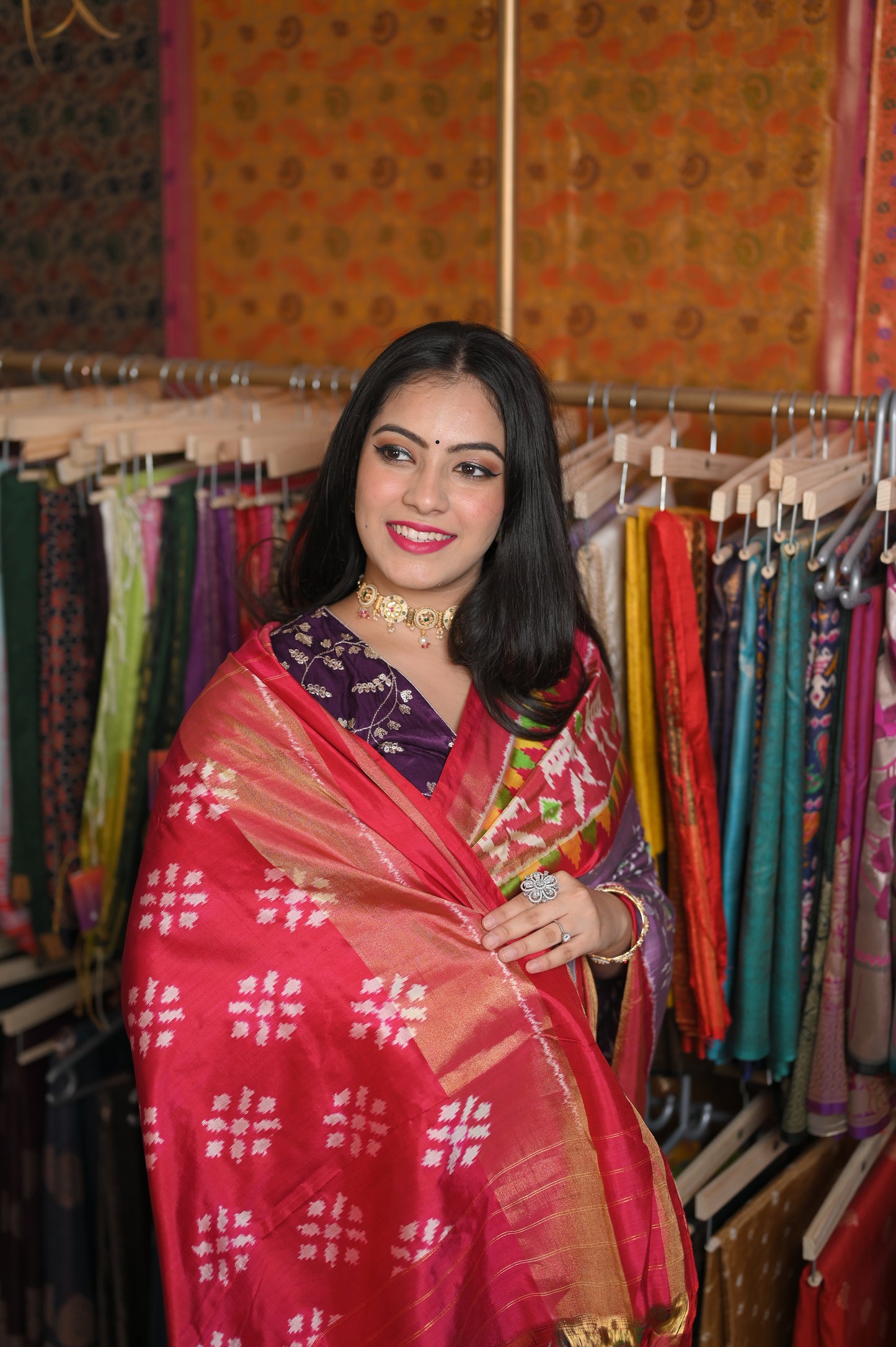 Lavender body with Red border saree