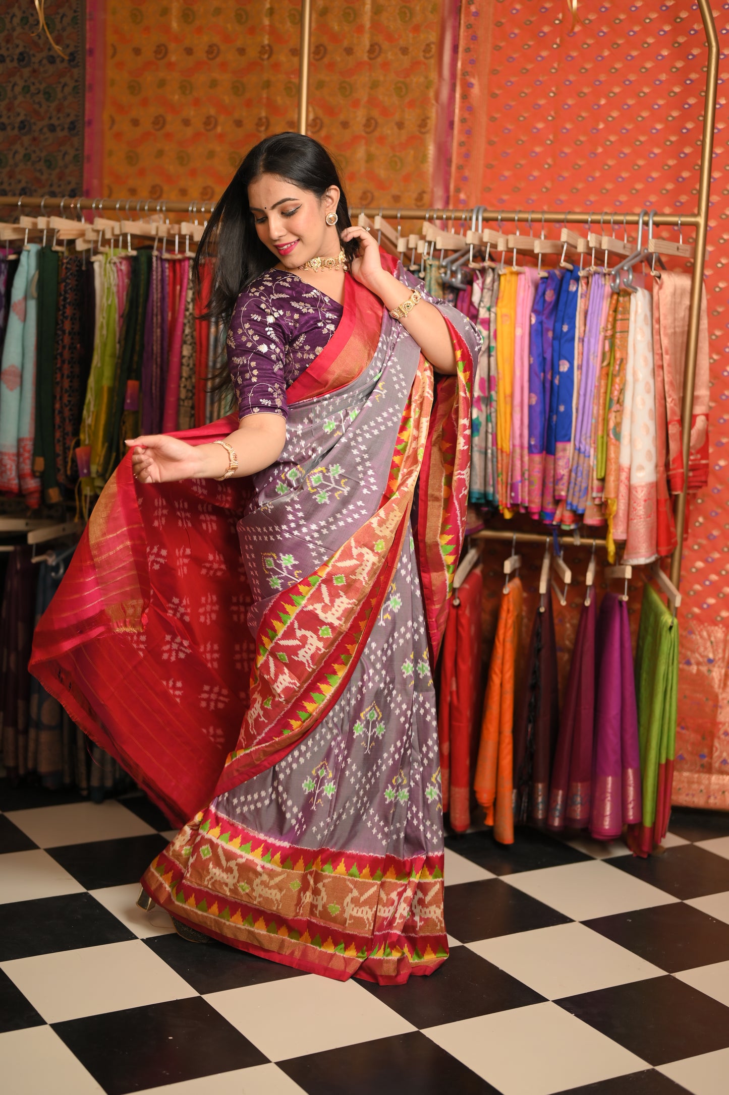 Lavender body with Red border saree