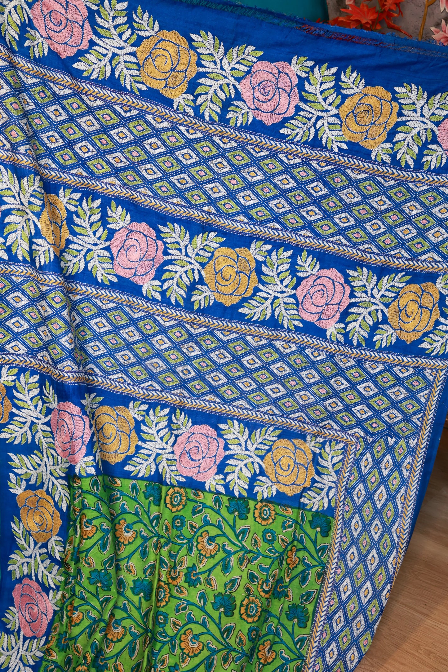 Green Handblocked Kantha Stitch Saree