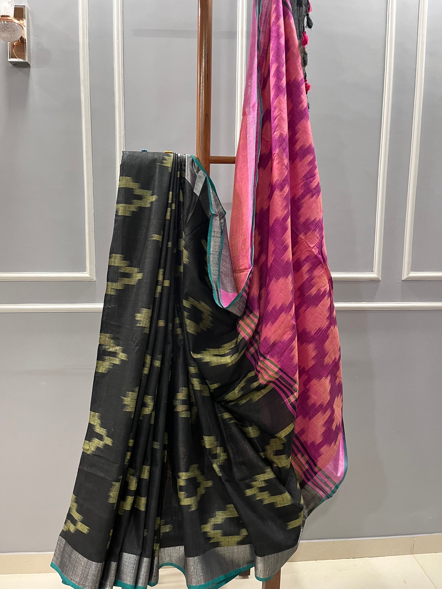 Pure Cotton Ikhat Black & Pink Saree