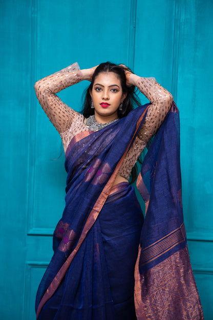 Royal Blue LInen Flower Saree