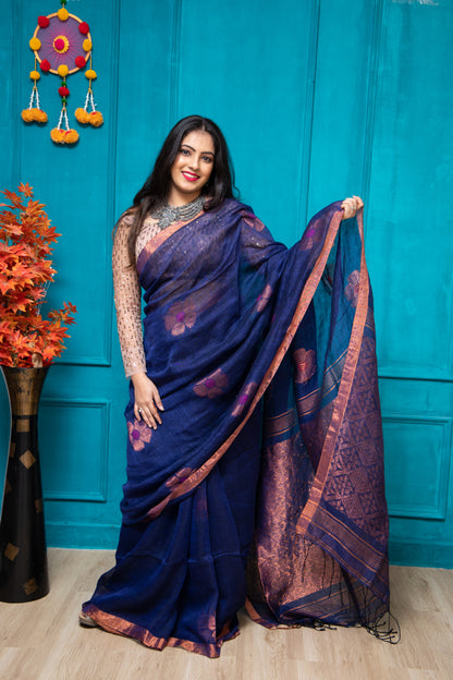 Royal Blue LInen Flower Saree
