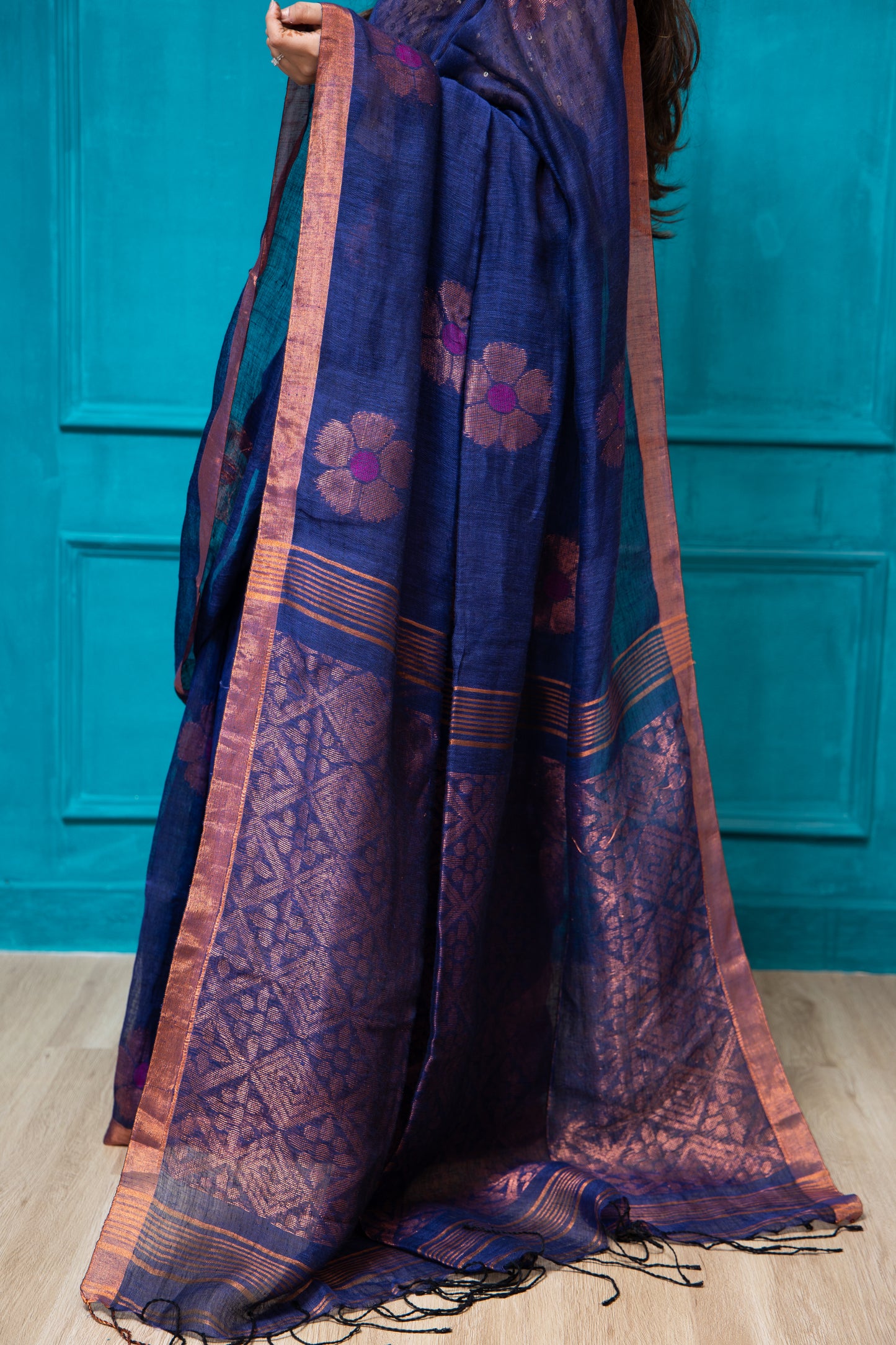 Royal Blue LInen Flower Saree