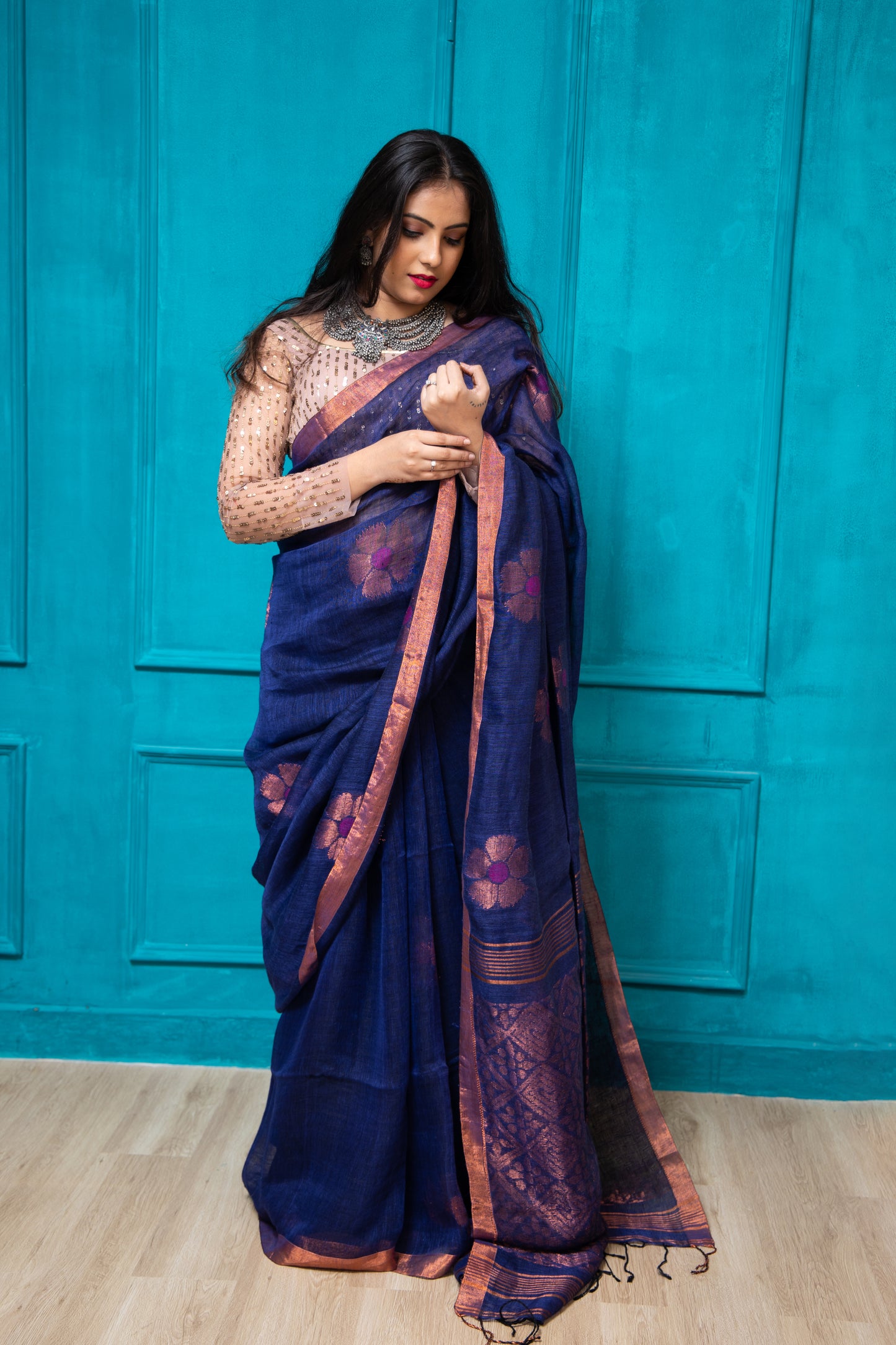 Royal Blue LInen Flower Saree