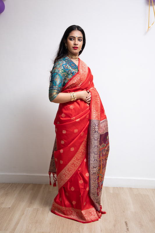 Red Silk Tussar Weave Saree