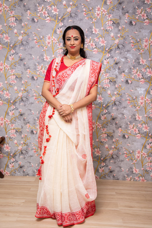 White Linen Jamdani Saree