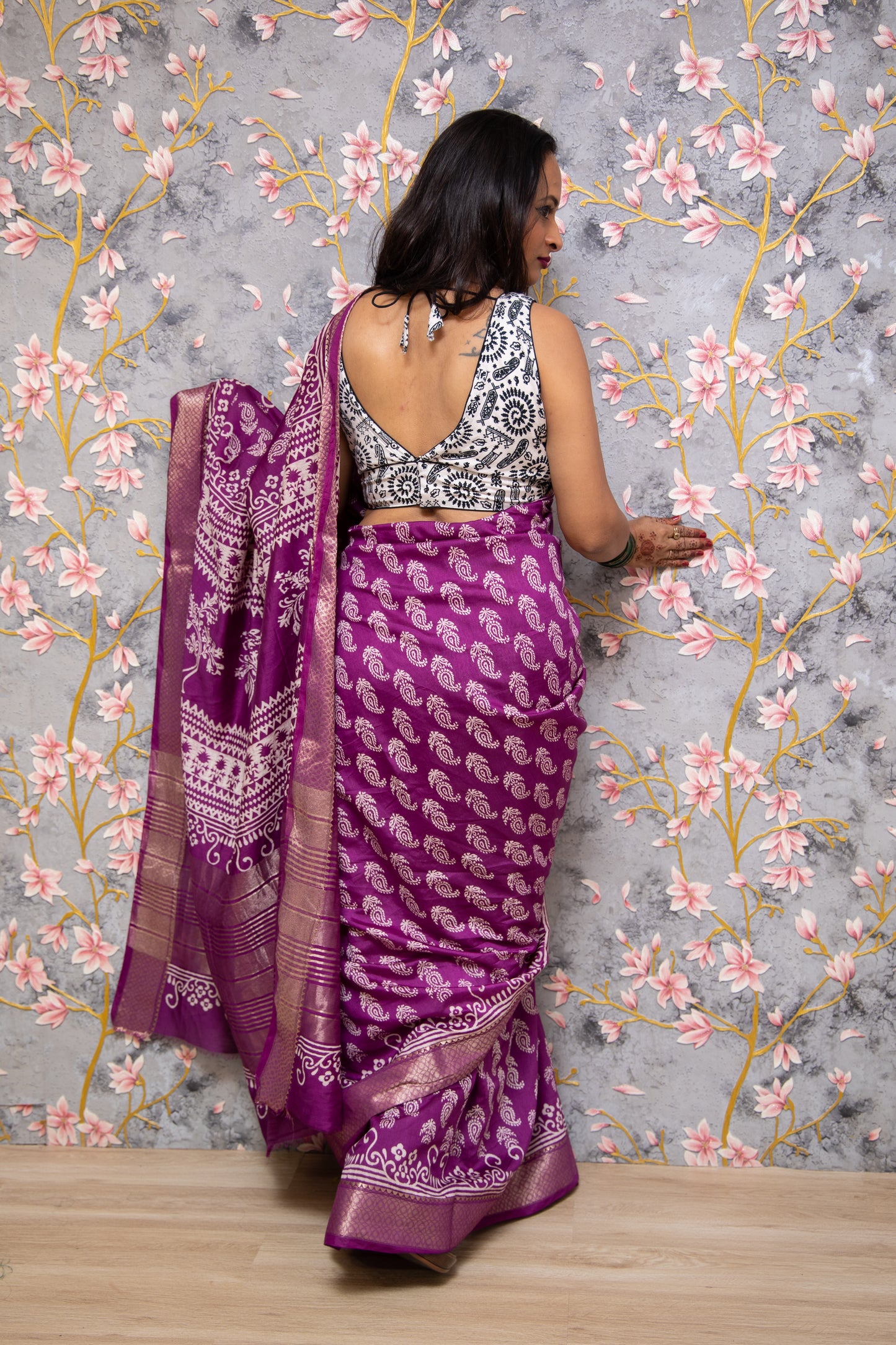 Purple Silk Hbp Art Crepe Saree