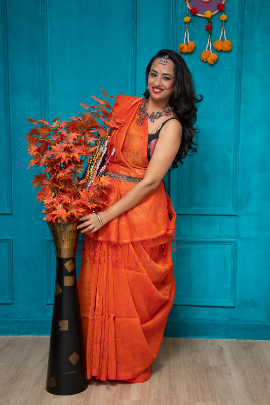 Orange Linen Thokafull Saree