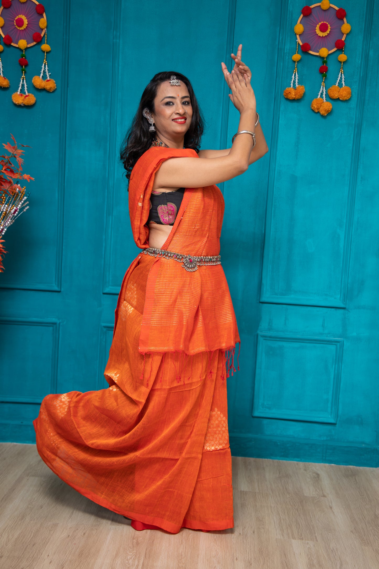 Orange Linen Thokafull Saree