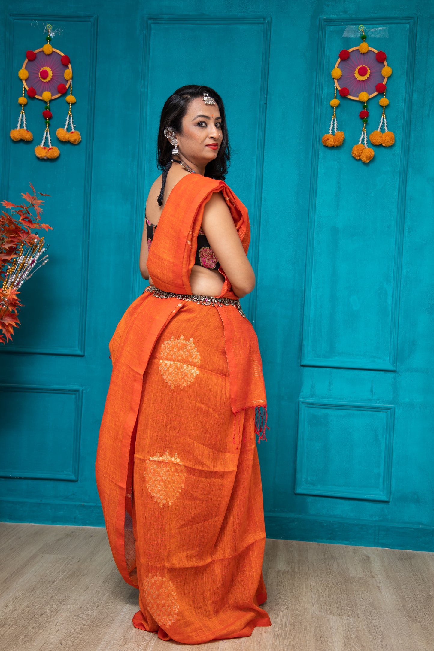 Orange Linen Thokafull Saree