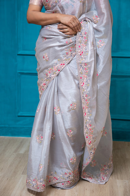 Grey English Rose Saree