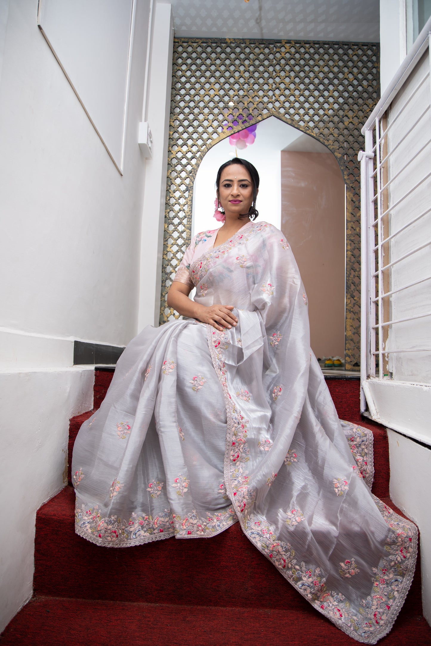 Grey English Rose Saree