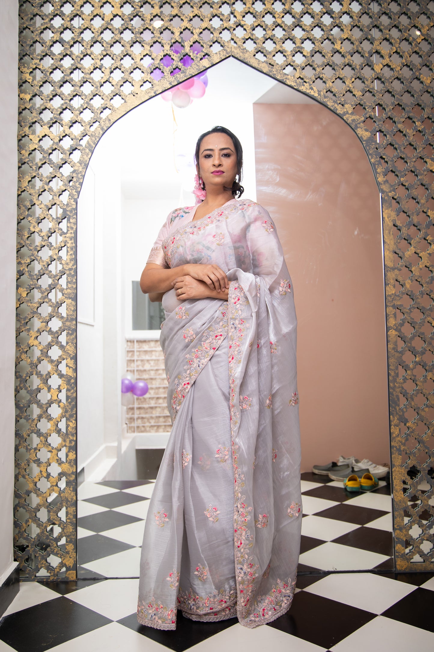 Grey English Rose Saree