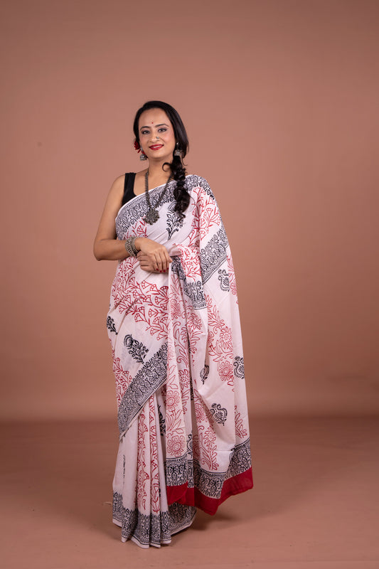 White handblocked-print saree