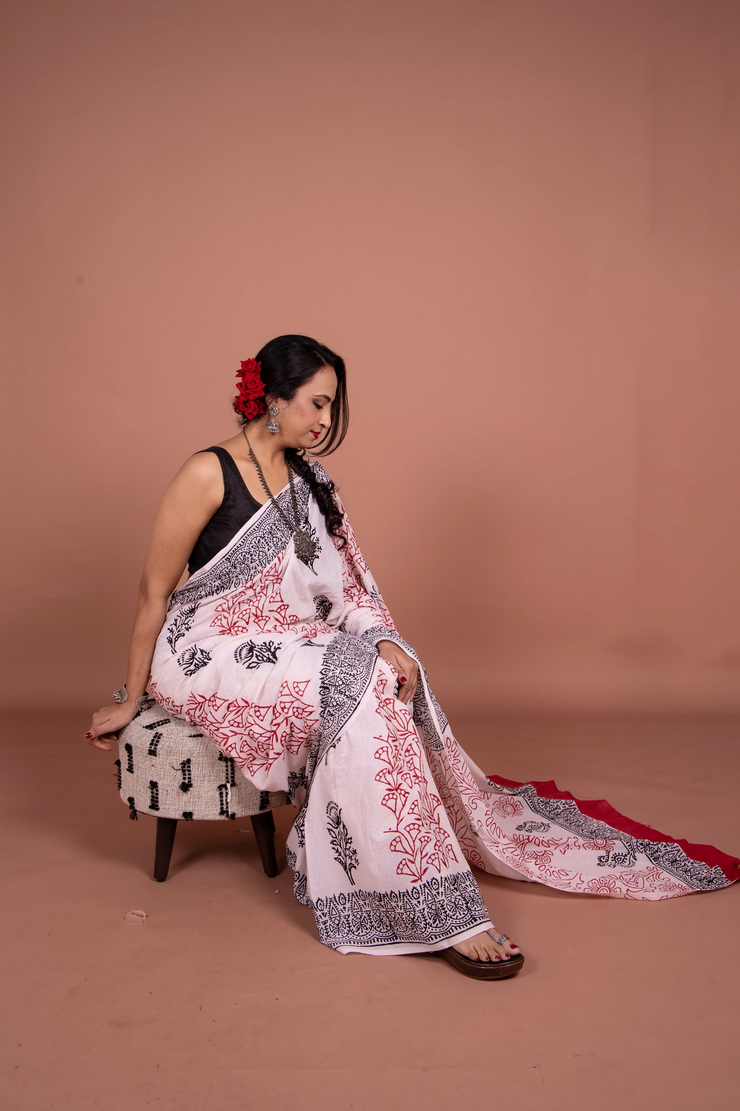 White handblocked-print saree