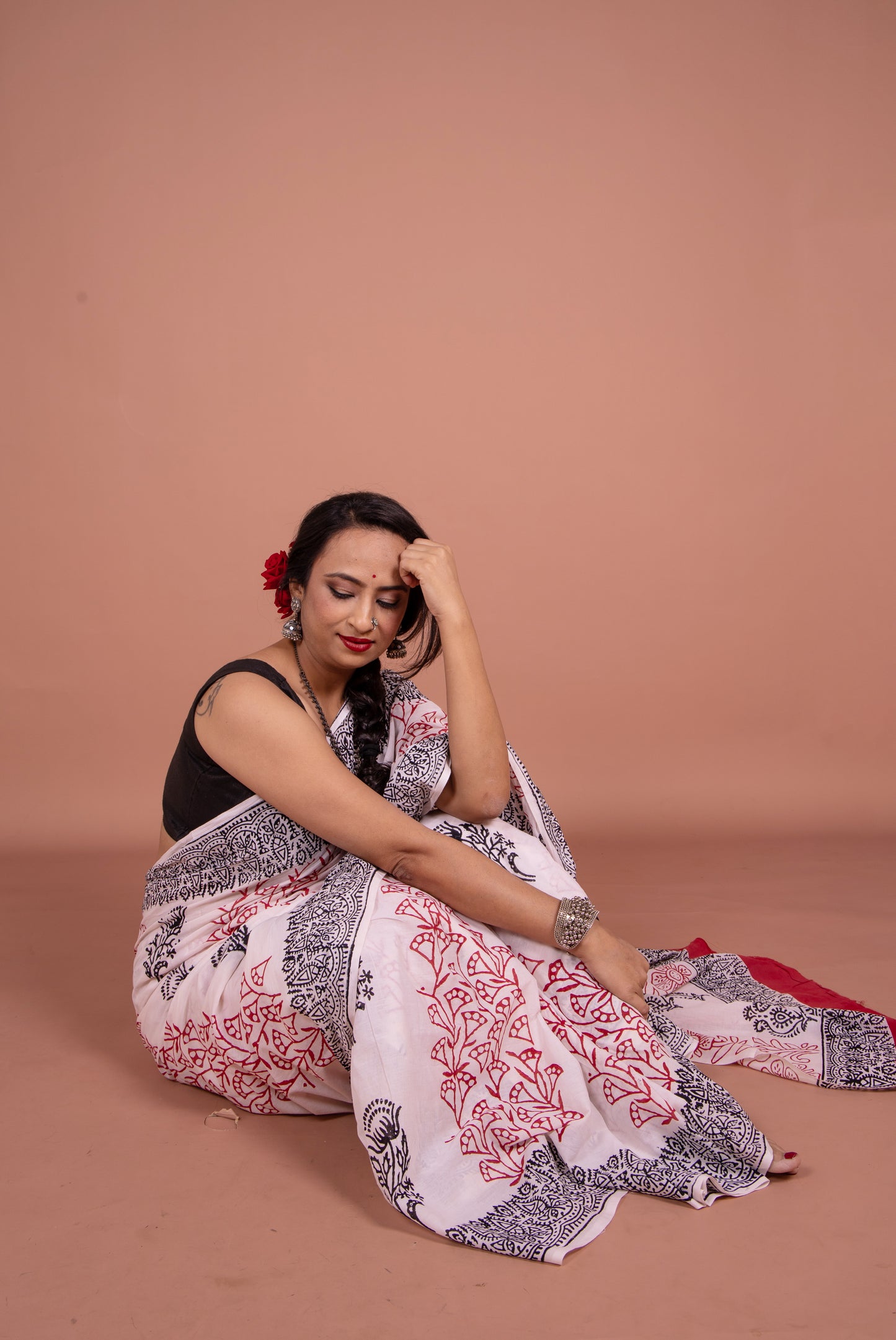 White handblocked-print saree