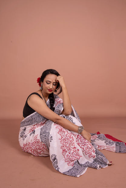 White handblocked-print saree