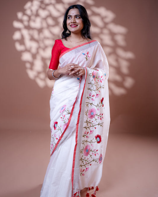 White with Red border Handloom Cotton Silk Saree