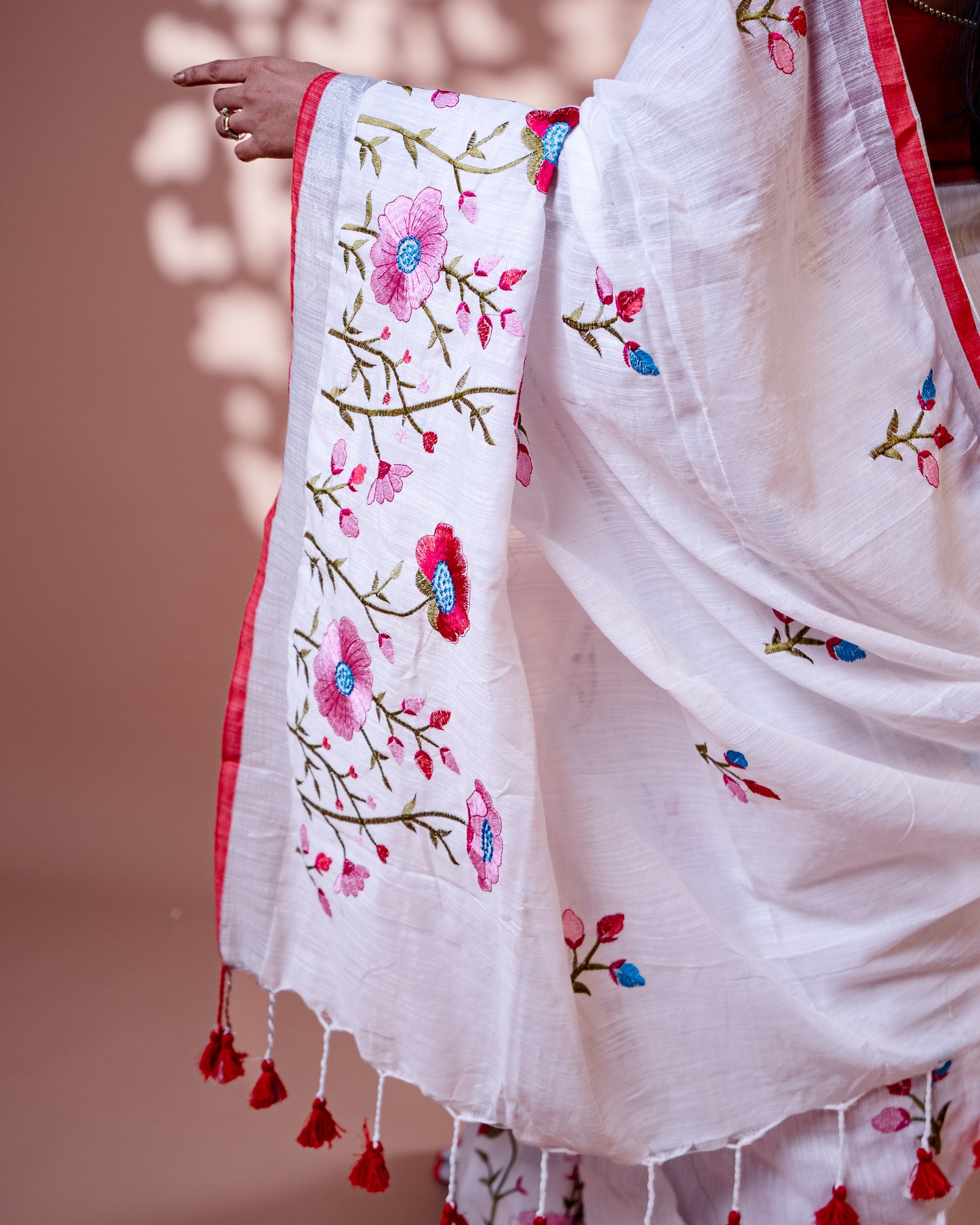 White with Red border Handloom Cotton Silk Saree