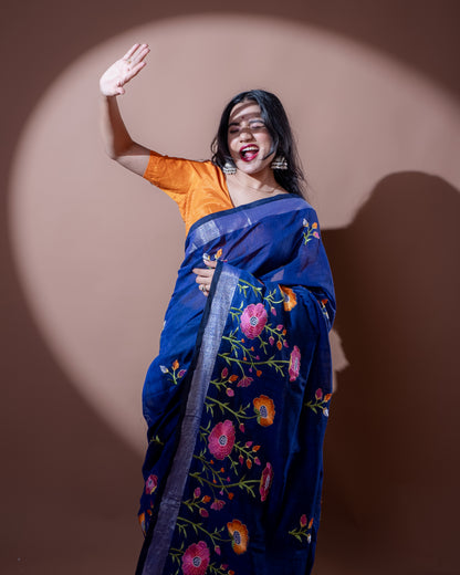 Deep blue Handloom Cotton Silk Saree