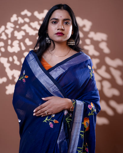 Deep blue Handloom Cotton Silk Saree