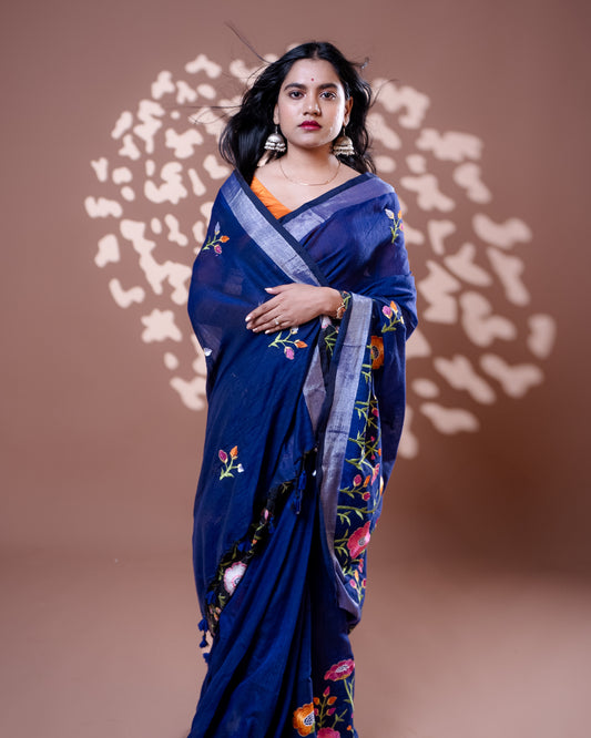 Deep blue Handloom Cotton Silk Saree