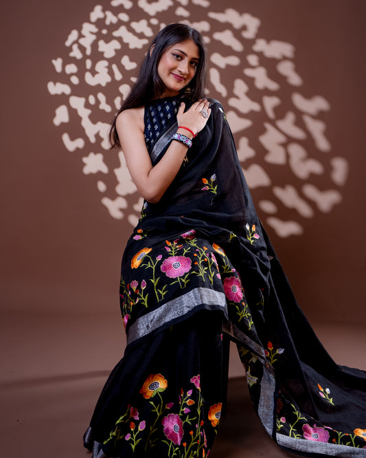 Black Handloom Cotton Silk Saree