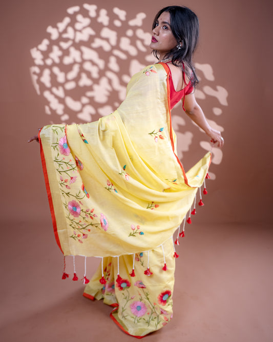 Yellow Handloom Cotton Silk Saree