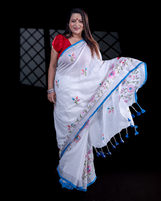 White with blue border Handloom Cotton Silk Saree