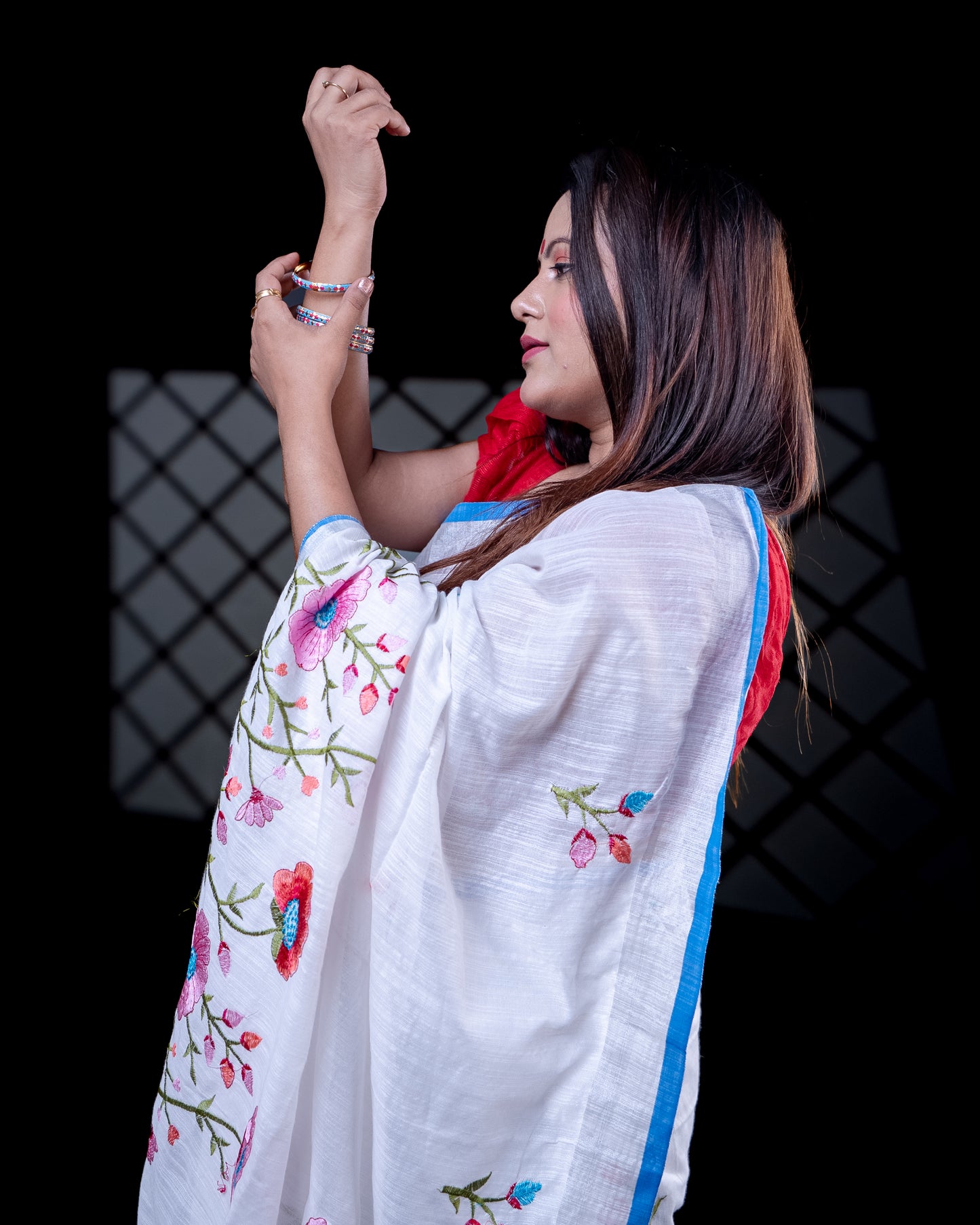 White with blue border Handloom Cotton Silk Saree
