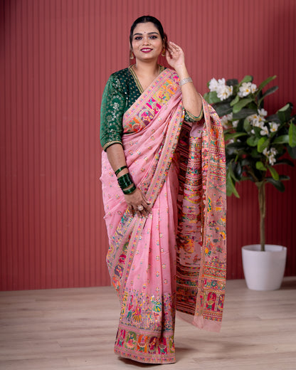 Baby Pink Pashmeena Cotton Silk Weaving Saree