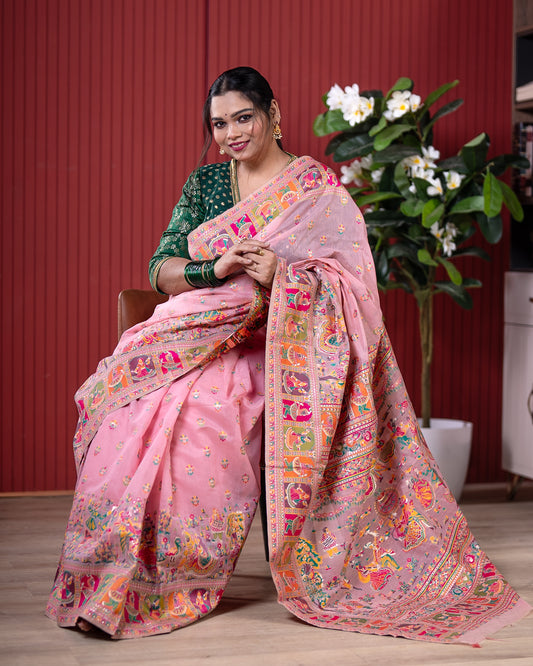 Baby Pink Pashmeena Cotton Silk Weaving Saree