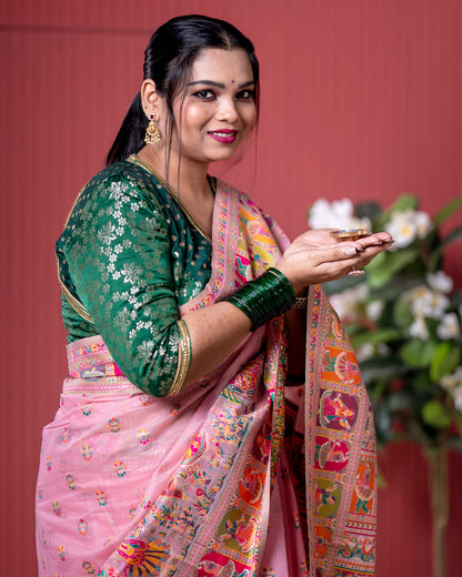 Baby Pink Pashmeena Cotton Silk Weaving Saree