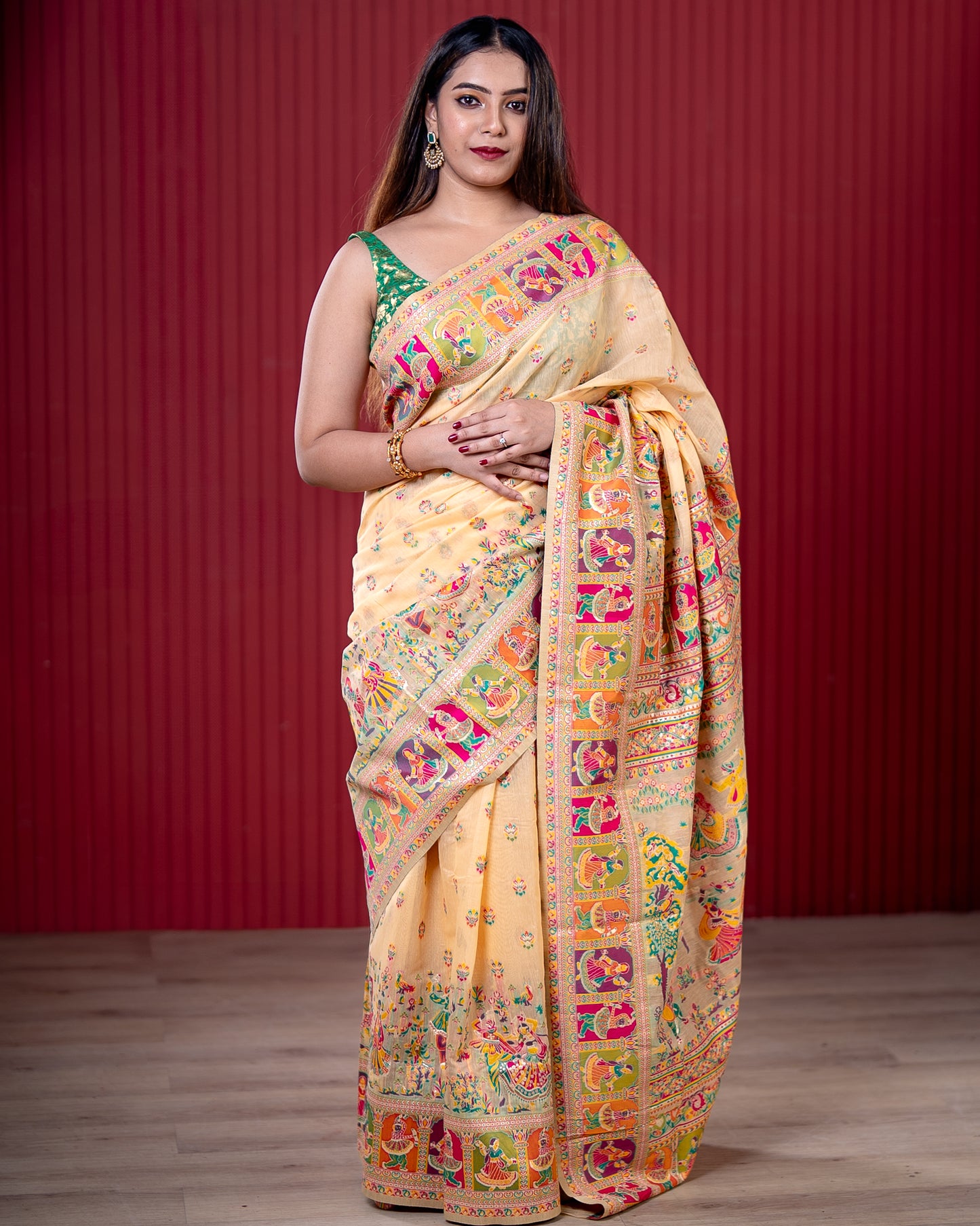 Light Peach Pashmeena Cotton Silk Weaving Saree