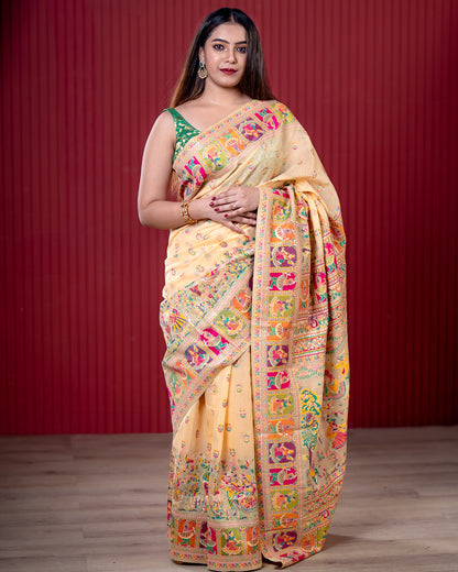 Light Peach Pashmeena Cotton Silk Weaving Saree